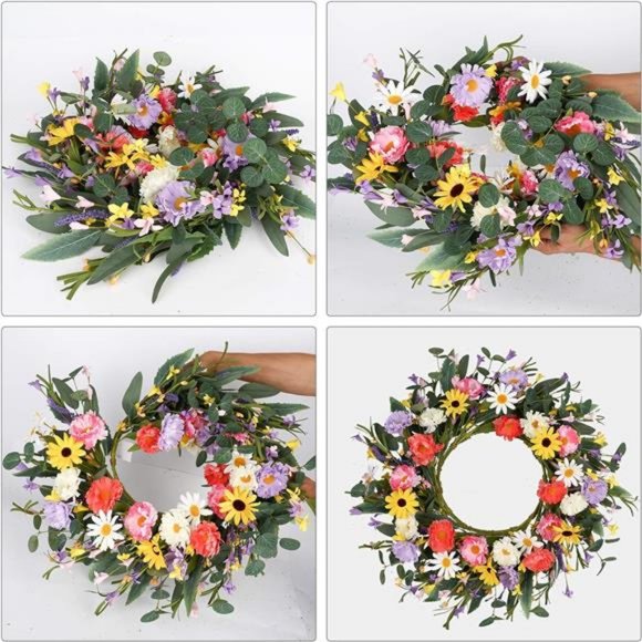 Artificial Flower Wreath,20” Purple Yellow White Pink Floral Spring Summer - Picture 4 of 8